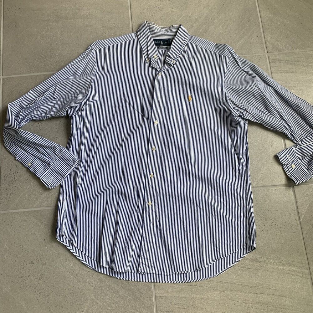 RALPH LAUREN Shirt Men's Classic Fit Blue & White Stripe Long Sleeve Size 16 1/2
